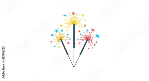 Three festive burning sparklers with vibrant, colorful yellow, red, and blue sparks.