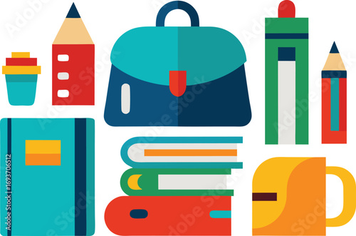 Back to school festival elements collection books pencil backpack mug illustration vector