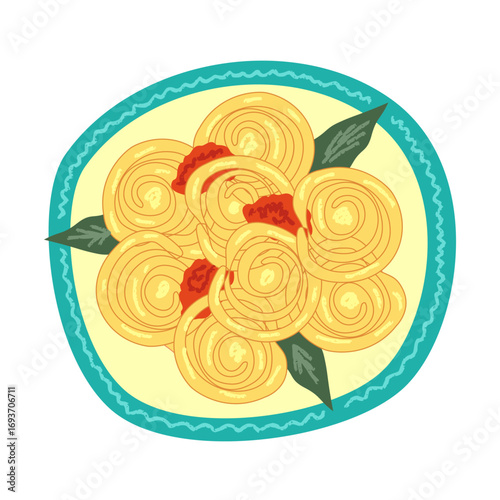 Spiral pasta with tomato sauce Italian food on plate isolated. Pasta with sauce. Vector hand drawn. Italian food with crayon texture