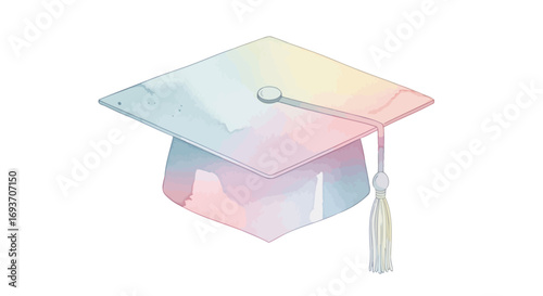 A beautiful watercolor illustration of a pastel rainbow graduation cap with a tassel.