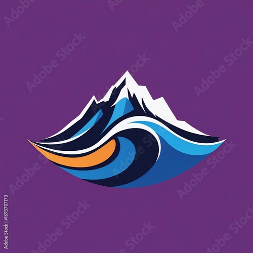 Dynamic Mountain and Ocean Wave Fusion Logo Design on Vibrant Purple