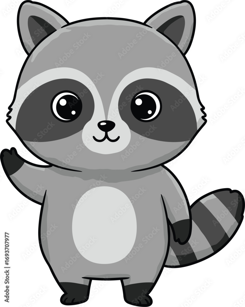 Naklejka premium Adorable cartoon raccoon waving paw, cute baby woodland animal character, vector illustration for kids, nursery art, and playful design