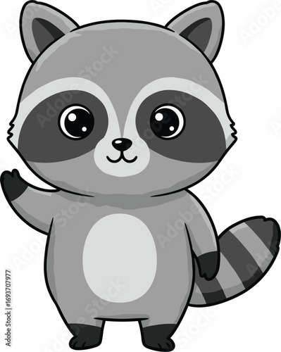 Adorable cartoon raccoon waving paw, cute baby woodland animal character, vector illustration for kids, nursery art, and playful design