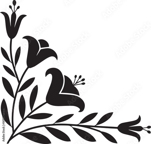 Black floral corner design with blooming flowers and leaves