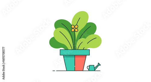 Vibrant Potted Plant with Teal and Red Pot.