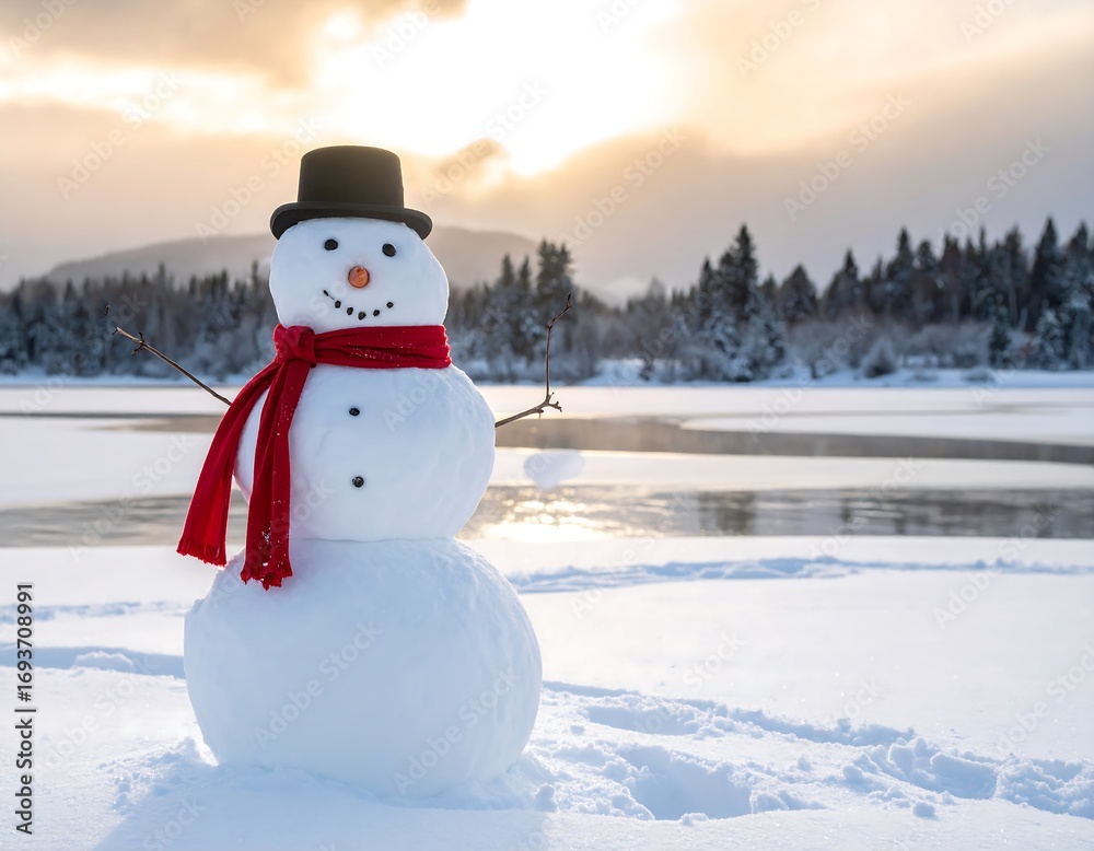 Obraz premium Snowman by a frozen lake at sunrise