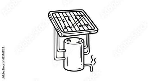 Simple black and white line drawing of a solar thermal water heater system with a collector panel and storage tank.
