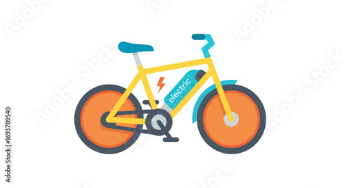 Bright Yellow Electric Bicycle with Blue Accents and Battery Pack.
