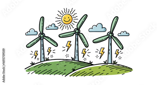 Cartoon illustration of three wind turbines on green hills generating renewable energy under a smiling sun.