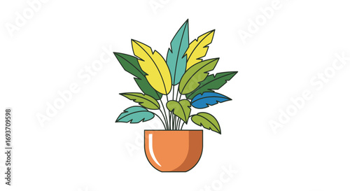 Colorful Potted Plant with Large Leaves, Decorative Indoor Foliage.