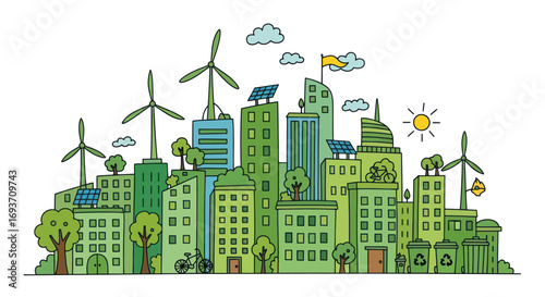 Hand-drawn illustration of a green, sustainable eco-city with wind turbines and solar panels.