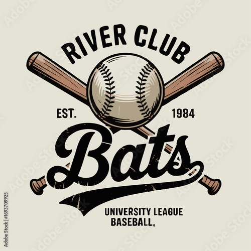 River Club Bats Vintage University League Baseball Badge, Crossed Bats & Ball, Distressed Screen-Print Vector, t-shirt design, poster, banner, easily editable and scalable.
