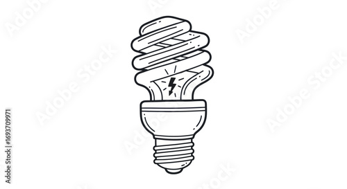 Hand-drawn illustration of a compact fluorescent light bulb with a lightning bolt symbol.