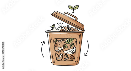 Hand-drawn illustration of a compost bin filled with organic waste, worms, and a sprouting plant.