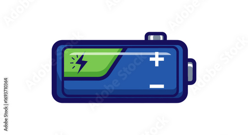 Cartoon Battery Icon with Green Charge Indicator and Lightning Bolt.