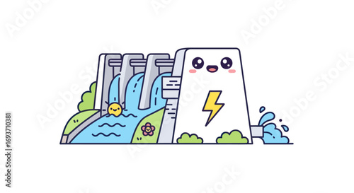 A cute kawaii cartoon illustration of a hydroelectric dam generating renewable energy.
