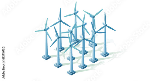 Group of blue wind turbines symbolizing clean renewable energy.
