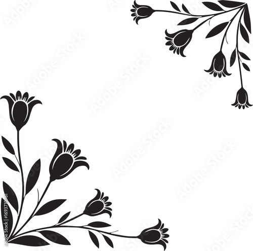 Black Silhouette Floral Corner Design with Lily Rose and Daisy