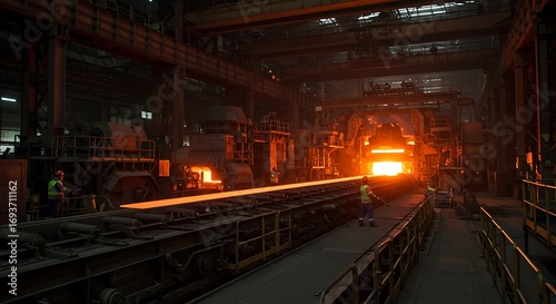 Hot rolled steel beam travelling on a conveyor production line inside a bustling industrial steel mill
