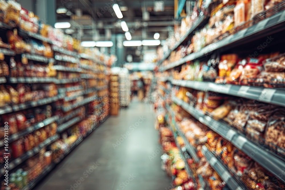 Fototapeta premium Blurred supermarket aisle with rows of shelves filled with snacks and food