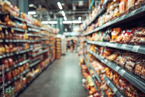 Wallpaper Mural Blurred supermarket aisle with rows of shelves filled with snacks and food Torontodigital.ca