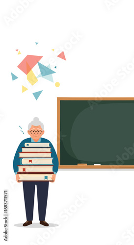 Elderly teacher struggling with a large stack of books in a classroom environment preparing for lessons