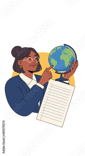 Educator explains global geography with educational globe and notes