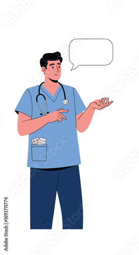 Doctor explaining medical information with stethoscope and thought bubbles