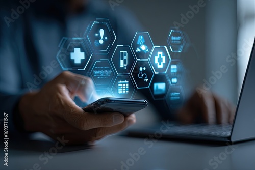 Person uses phone with digital health icons overlay