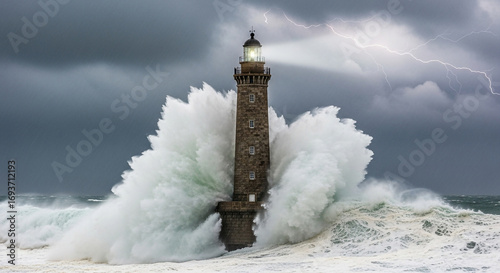 Fototapeta Naklejka Na Ścianę i Meble -  Powerful lighthouse stands tall against crashing waves and lightning during a dramatic storm