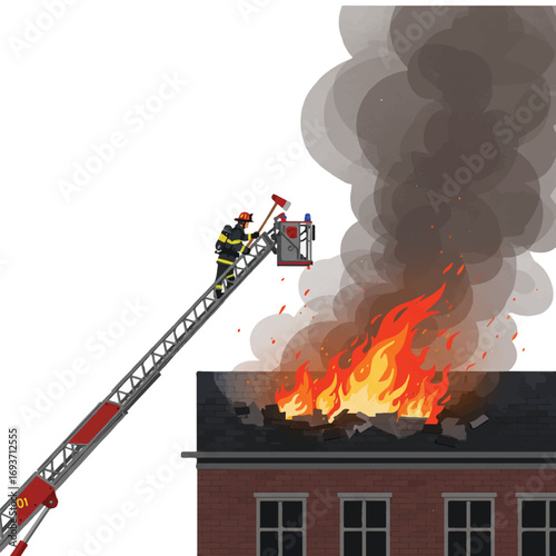Firefighter on a ladder rescuing a building on fire.