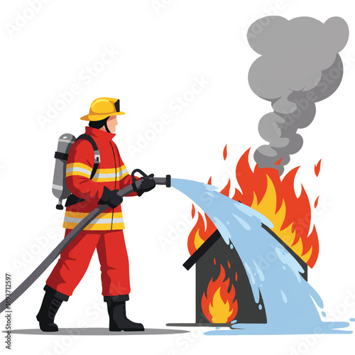 Firefighter bravely battling a house fire with a hose.