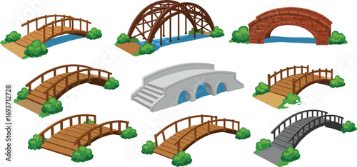 Collection of various wooden, stone, and metal garden bridges over water, featuring different arch designs for landscaping and outdoor decoration.