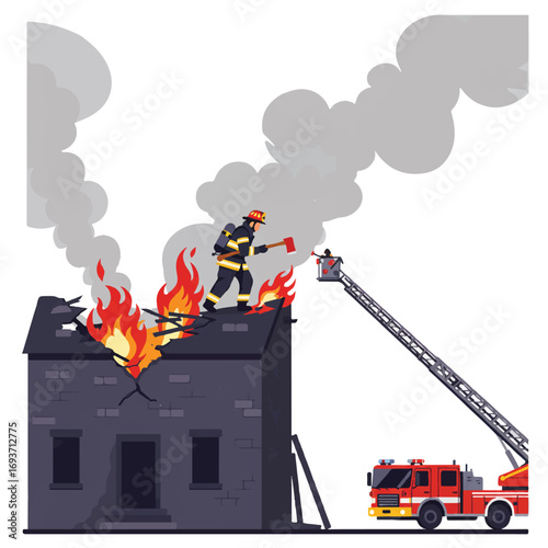 Firefighter battling a house fire on a rooftop, with a firetruck and aerial ladder in the background.