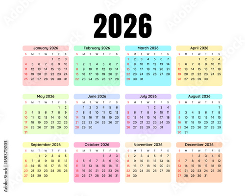 Calendar 2026 year design template. Colorful 2026 calendar template on white background