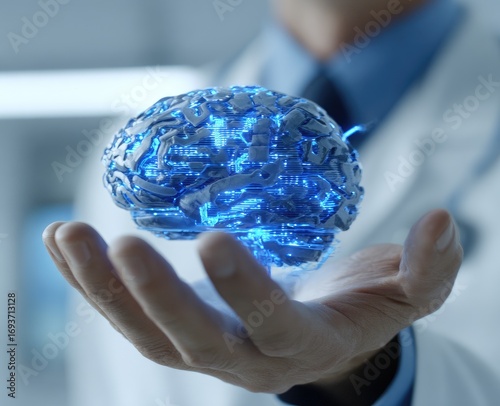 A doctor's hand holds a holographic, futuristic brain
