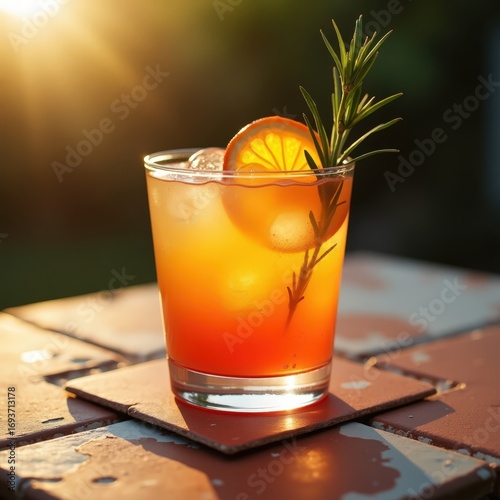 Gradient spritz cocktail with golden hour backlight against vintage tile