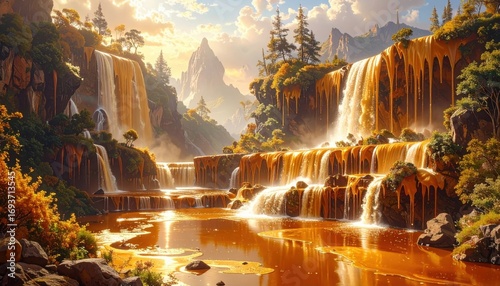 A golden cascade tumbles down rocky cliffs, illuminating a serene mountain valley with warm amber light.
