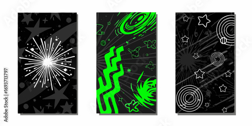 Abstract cosmic illustrations featuring stars fireworks and swirling galaxies on black background