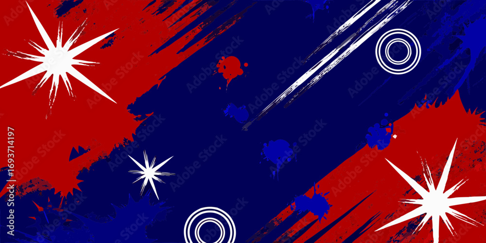 Fototapeta premium Dynamic abstract background with red blue and white splatter and starburst elements