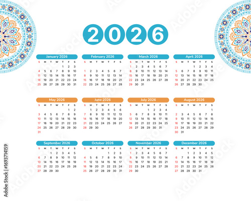 Calendar 2026 year design vector. Colorful 2026 calendar template on white background
