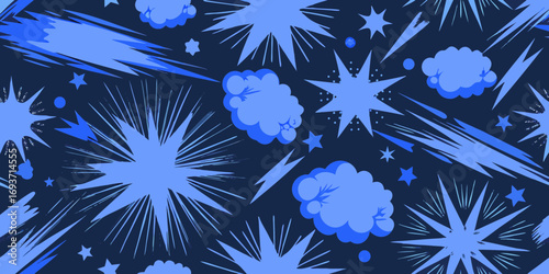 Dynamic blue comic book style explosion and starburst seamless pattern on dark background