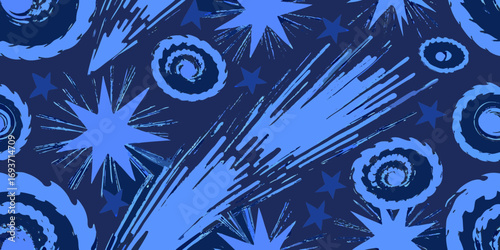 Abstract blue starburst and swirl pattern on dark navy background