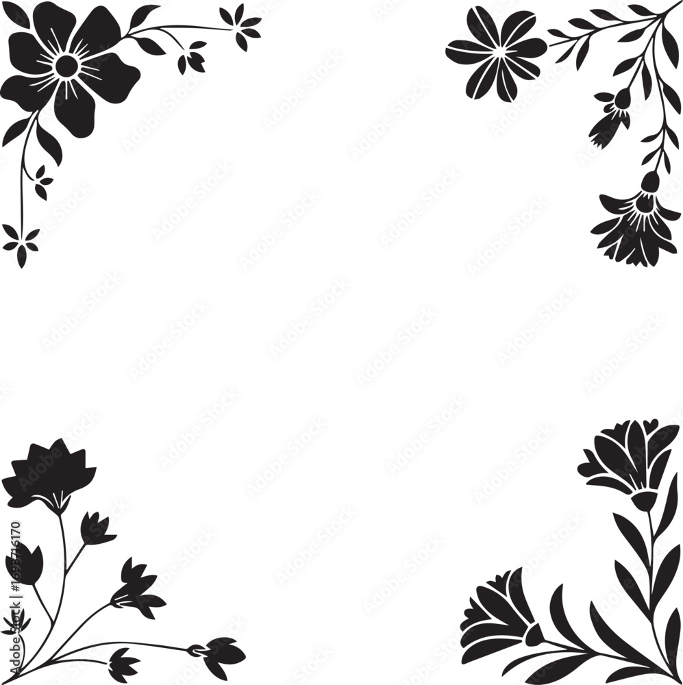 Obraz premium Black floral corner design with lily-like flowers ornament