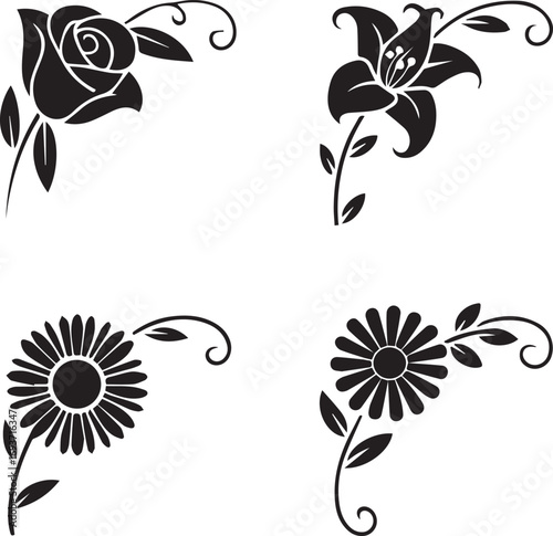 Black floral corner ornament with bell-shaped flowers