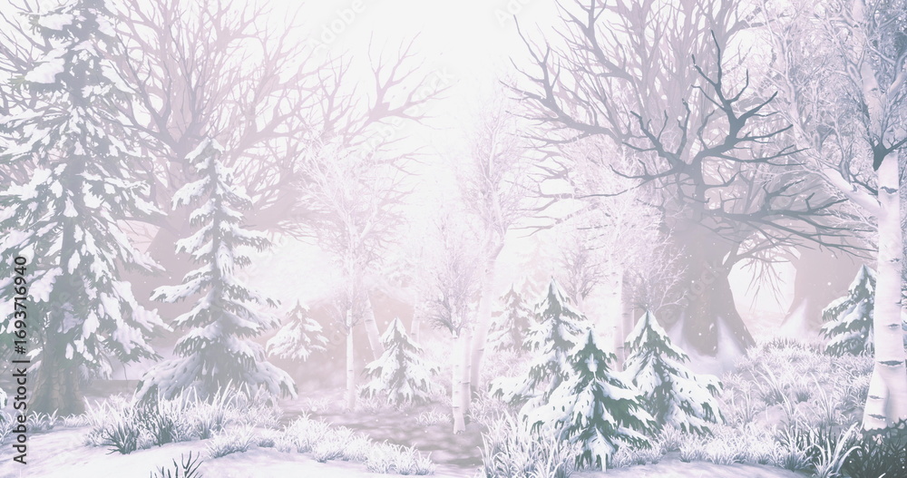 Fototapeta premium A tranquil forest enveloped in thick fog showcases snow covered trees. The ethereal atmosphere is mesmerizing, creating a peaceful and dreamlike winter landscape.