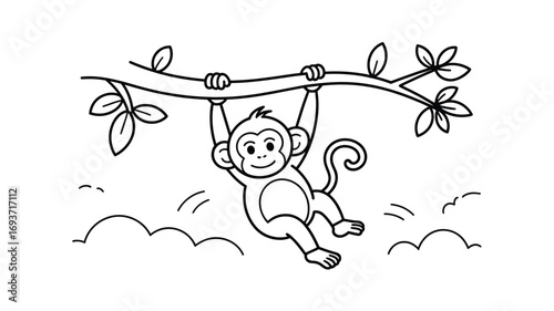 Adorable Monkey Swinging on Tree Branch: Simple Black and White Line Art for Coloring Books and Educational Materials, Vector Illustration
