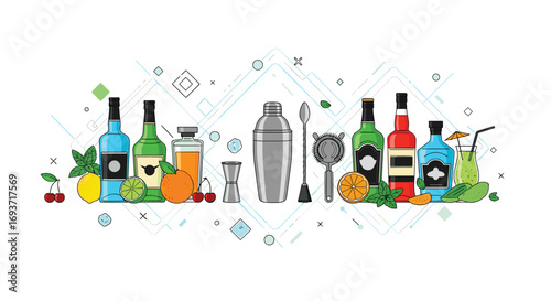 Colorful cocktail ingredients and bar tools ready for a refreshing summer drink creation