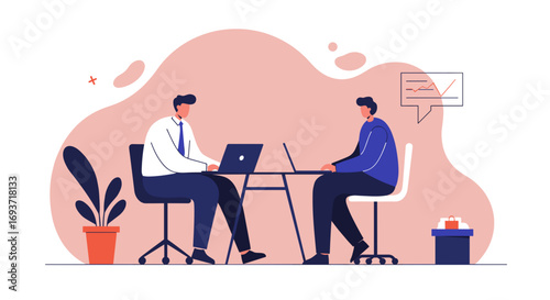 Two business professionals work on laptops in a modern office, discussing data and strategy. Represents teamwork, productivity, and corporate collaboration.