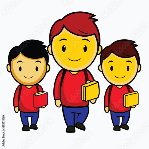 Cartoon schoolboys with backpacks and lunchboxes walk to school together, offering a vibrant and cheerful illustration for educational themes